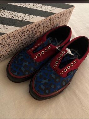 Vans Blue Leopard Canvas Sneakers with Red Trim